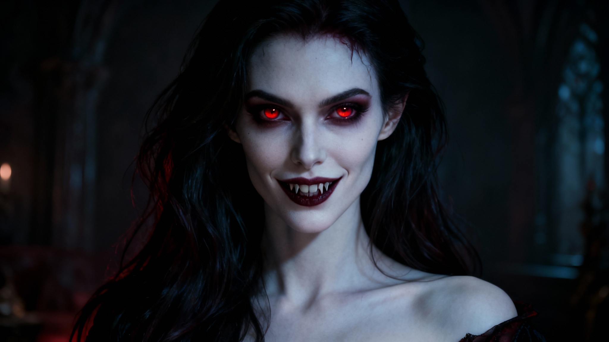 A hyper-realistic photo of a woman transformed into a beautiful vampire with glowing red eyes and fangs, representing the final output of a photo effect.