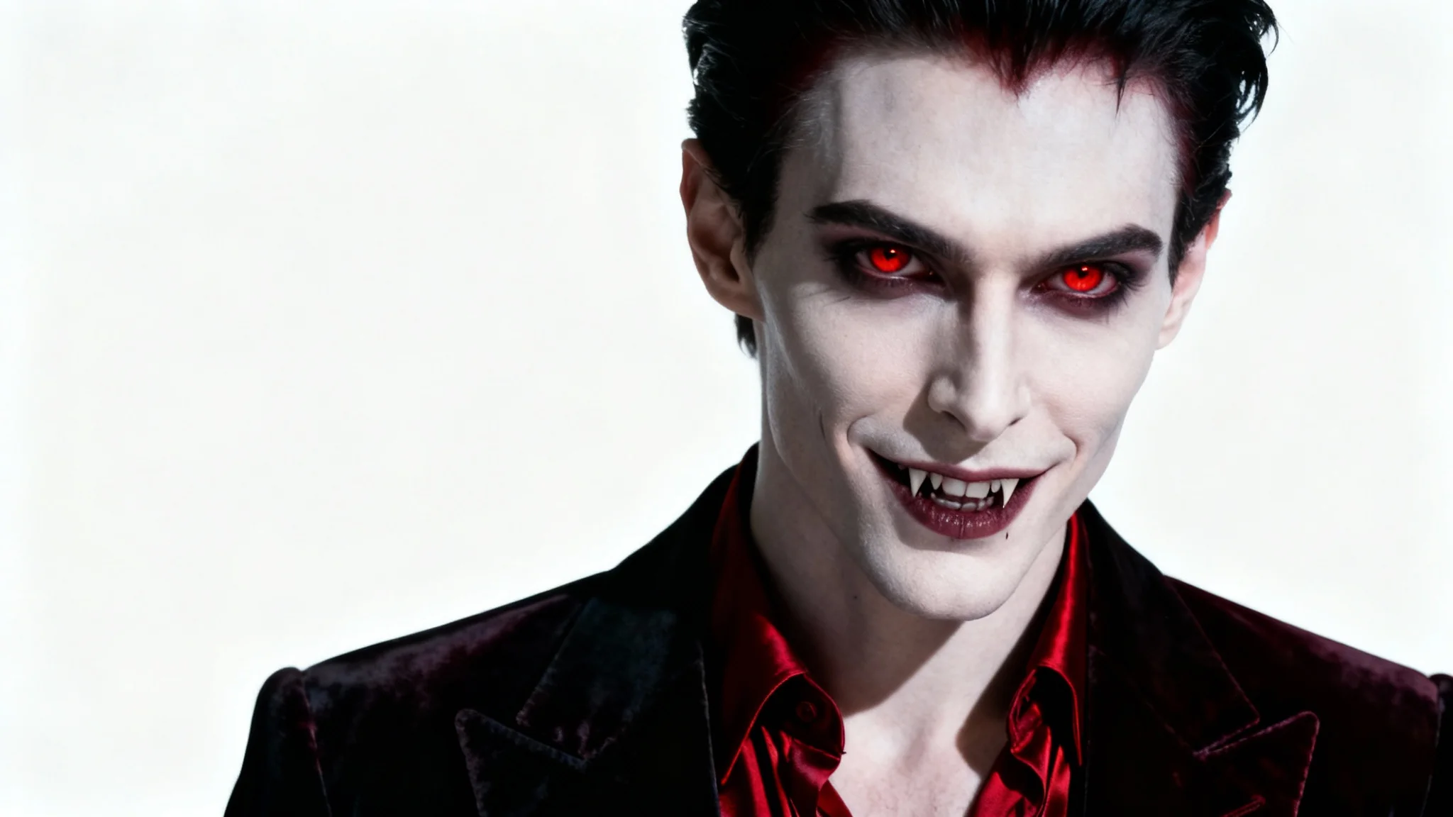 A photorealistic portrait of a handsome, modern vampire with pale skin and glowing red eyes, dressed in elegant dark clothing against a stark white background.