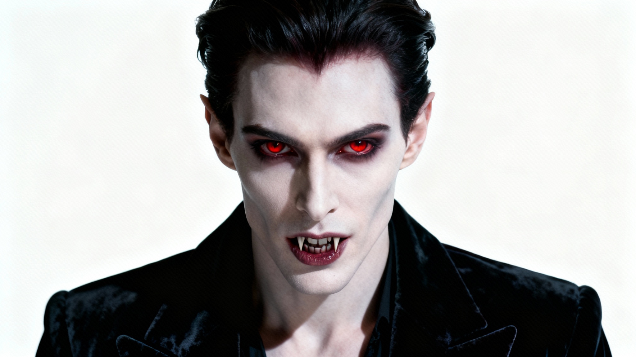 A dramatic, photorealistic close-up of a handsome vampire with pale skin and intense red eyes, wearing a black velvet jacket and looking directly at the camera, isolated against a white background.