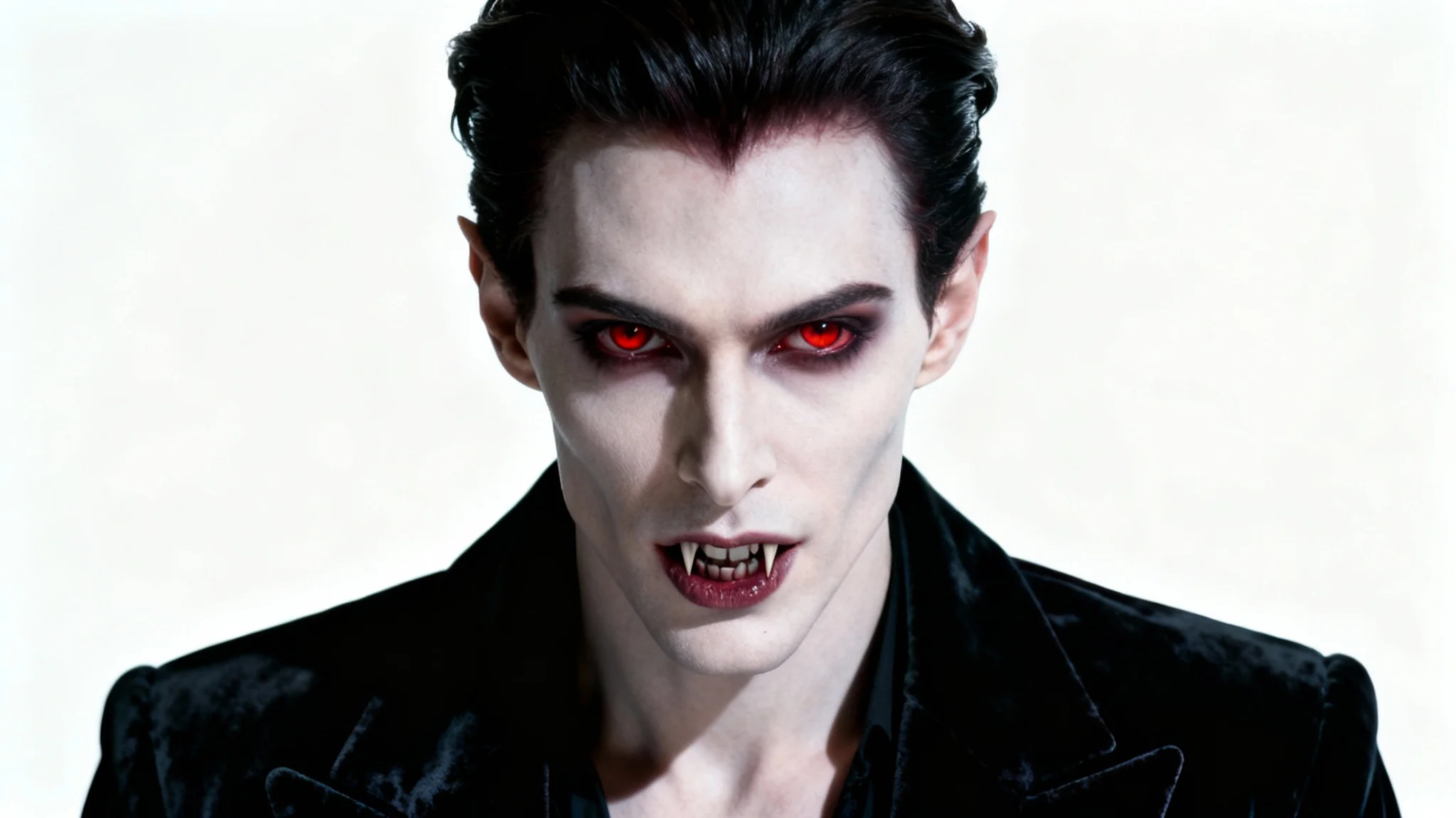 A dramatic, photorealistic close-up of a handsome vampire with pale skin and intense red eyes, wearing a black velvet jacket and looking directly at the camera, isolated against a white background.
