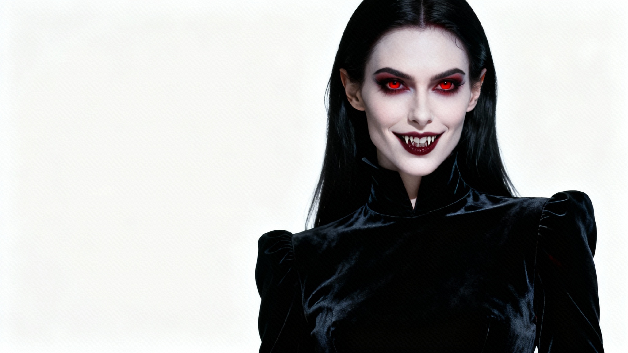 A photorealistic studio portrait of an elegant female vampire with pale skin and red eyes, dressed in a black velvet gown against a plain white background.