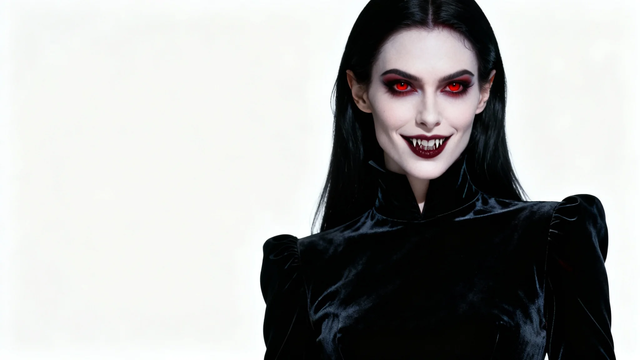 A photorealistic studio portrait of an elegant female vampire with pale skin and red eyes, dressed in a black velvet gown against a plain white background.