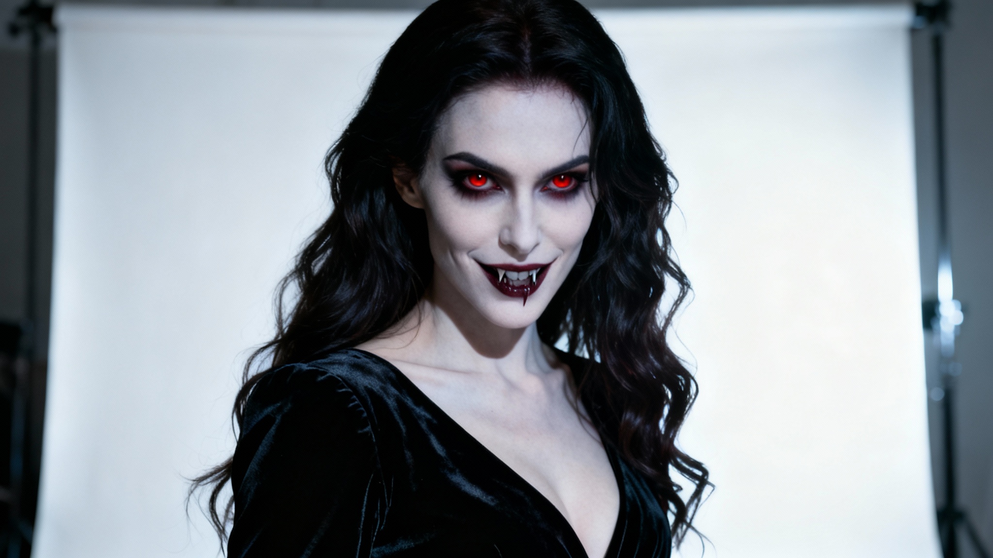 A hyper-realistic portrait of an elegant female vampire with pale skin, red eyes, and dark hair, set against a clean white background.