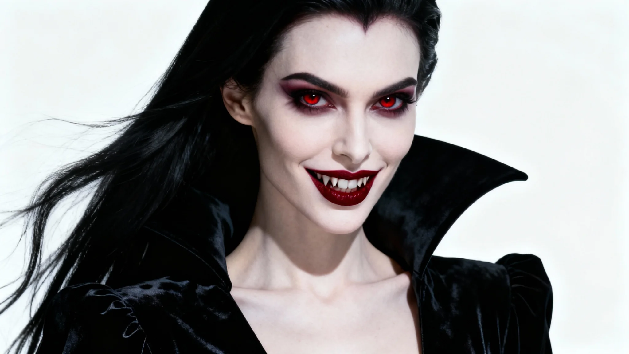 A photorealistic, high-fashion portrait of a beautiful female vampire with pale skin, crimson eyes, and black hair, wearing an elegant black gown against a white background.