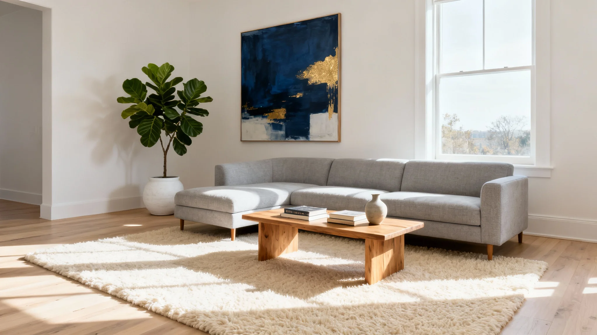 A beautifully designed modern living room with a large window, a gray sofa, a wooden coffee table, and stylish decor, representing the final result of a room visualizer tool.