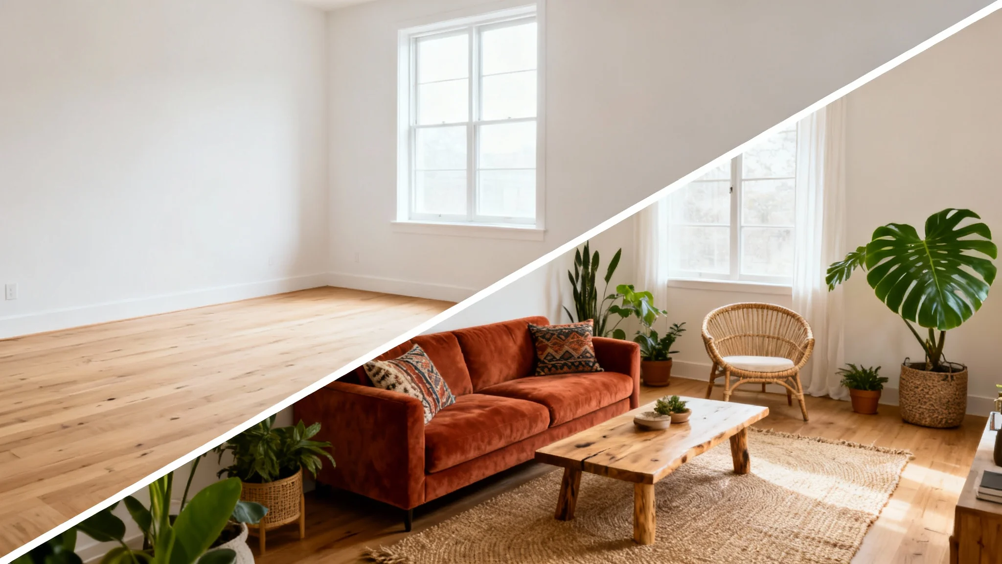 A split-screen image displaying a room's transformation. The top half shows an empty, unfurnished living room, and the bottom half shows the same room fully decorated in a modern bohemian style.