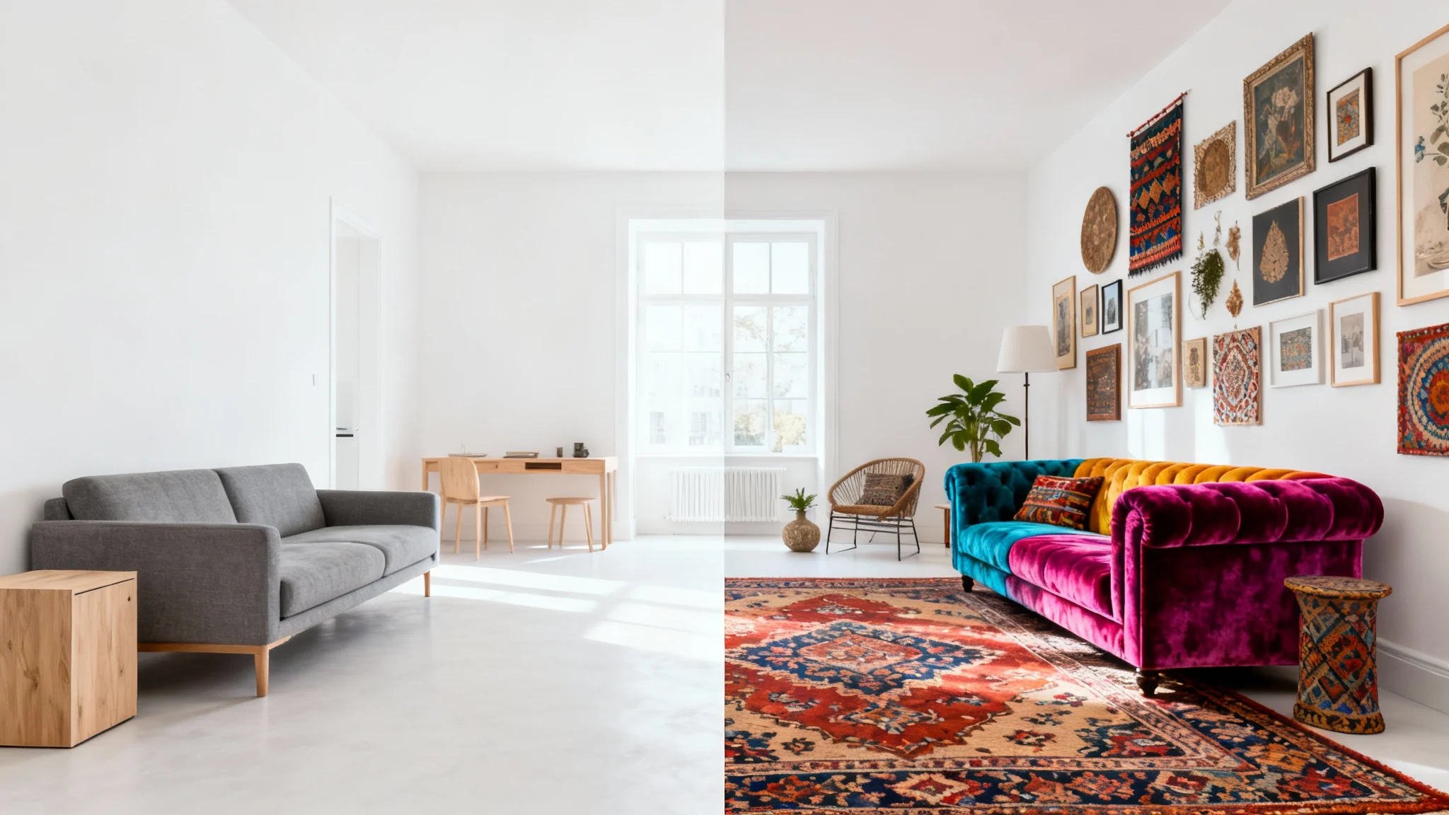 A living room split in half, demonstrating a room visualizer. The left side is decorated in a minimalist Scandinavian style, and the right side is in a vibrant bohemian style.
