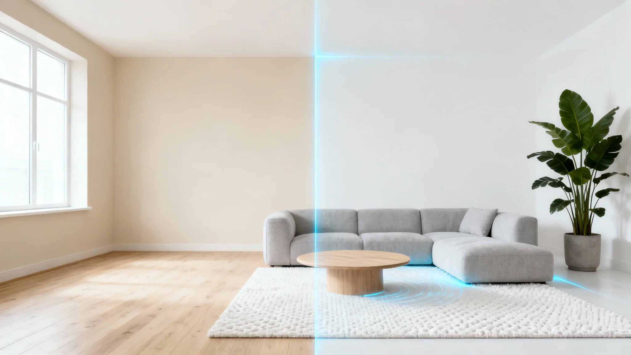 A split-screen image demonstrating a room visualizer. The left side depicts an empty room, while the right side shows the same room beautifully furnished in a modern style, with a glowing line separating the two.