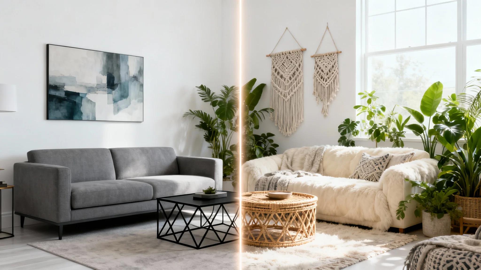 A photorealistic image of a living room split in half, showcasing two different interior design styles. One side is modern and minimalist, the other is cozy and bohemian, demonstrating a room visualizer's capabilities.