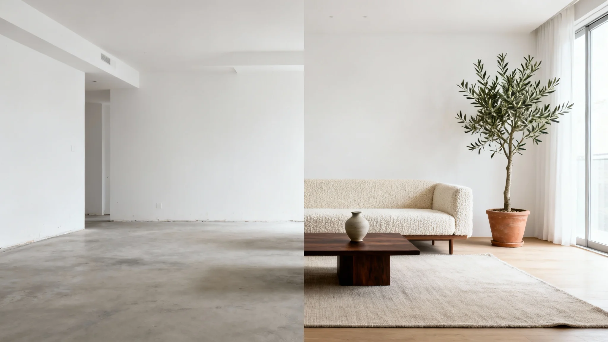 A striking before-and-after image of a living room. The left side is empty and bare, while the right side is beautifully furnished in a modern, minimalist Japandi style, demonstrating a room visualization concept.