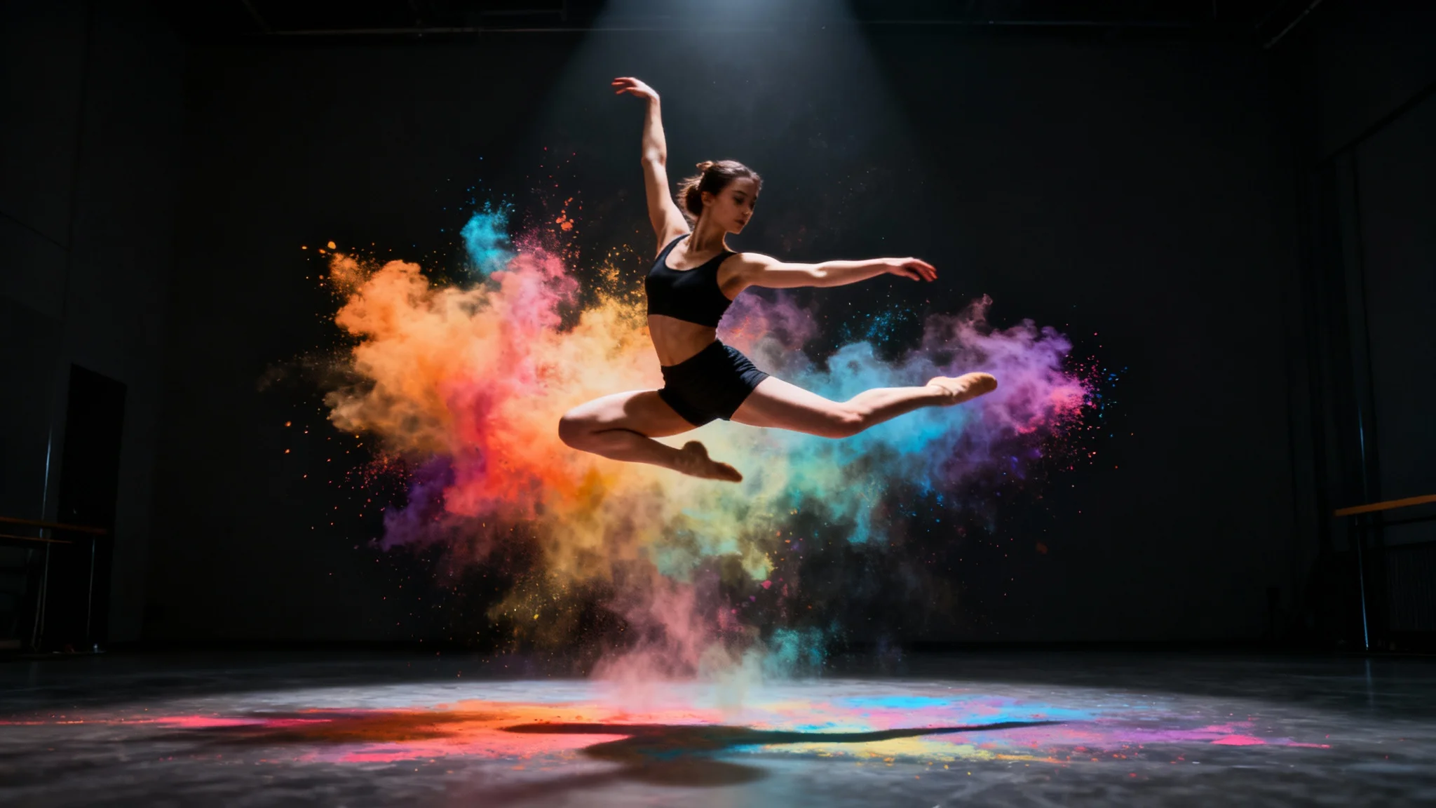 A female contemporary dancer is captured in a dynamic mid-air pose against a dark background, with a burst of colorful powder frozen in motion around her, illuminated by a dramatic spotlight.