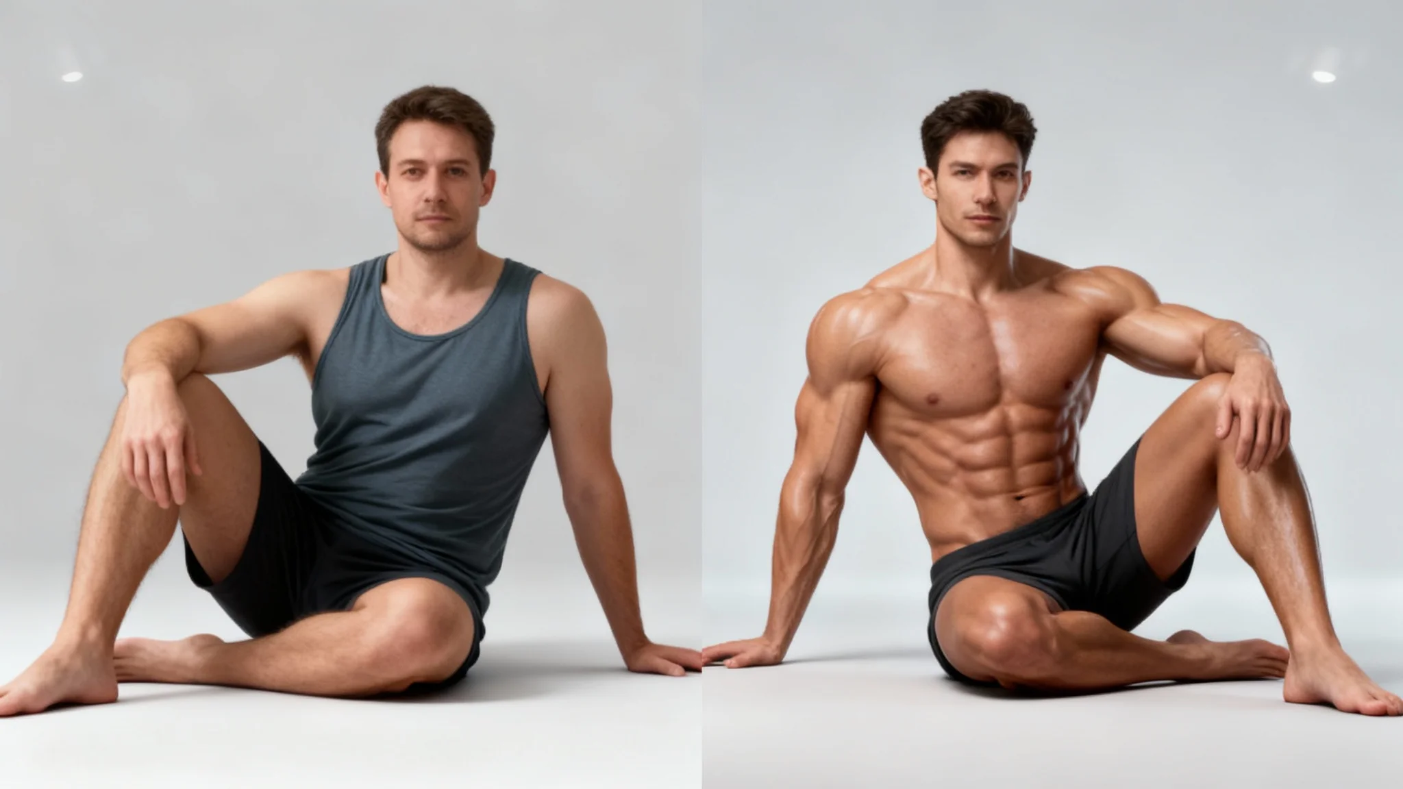 A split-screen comparison showing the effect of a body enhancer tool. The left side shows a man with an average body, and the right side shows the same man with a digitally enhanced muscular and toned physique.