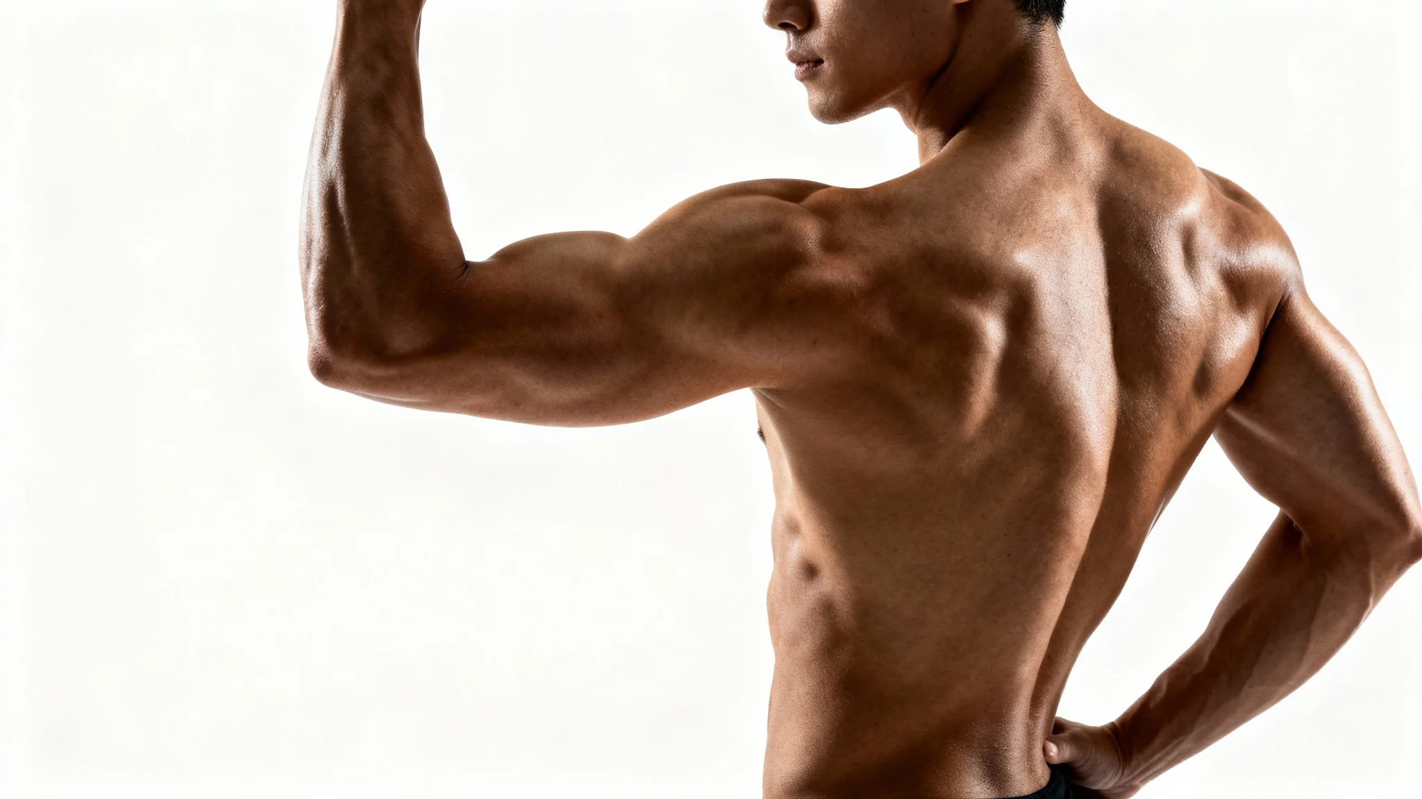 A realistic photo of a person with an enhanced, athletic body, posing confidently against a plain white background, illustrating the result of a body enhancer tool.