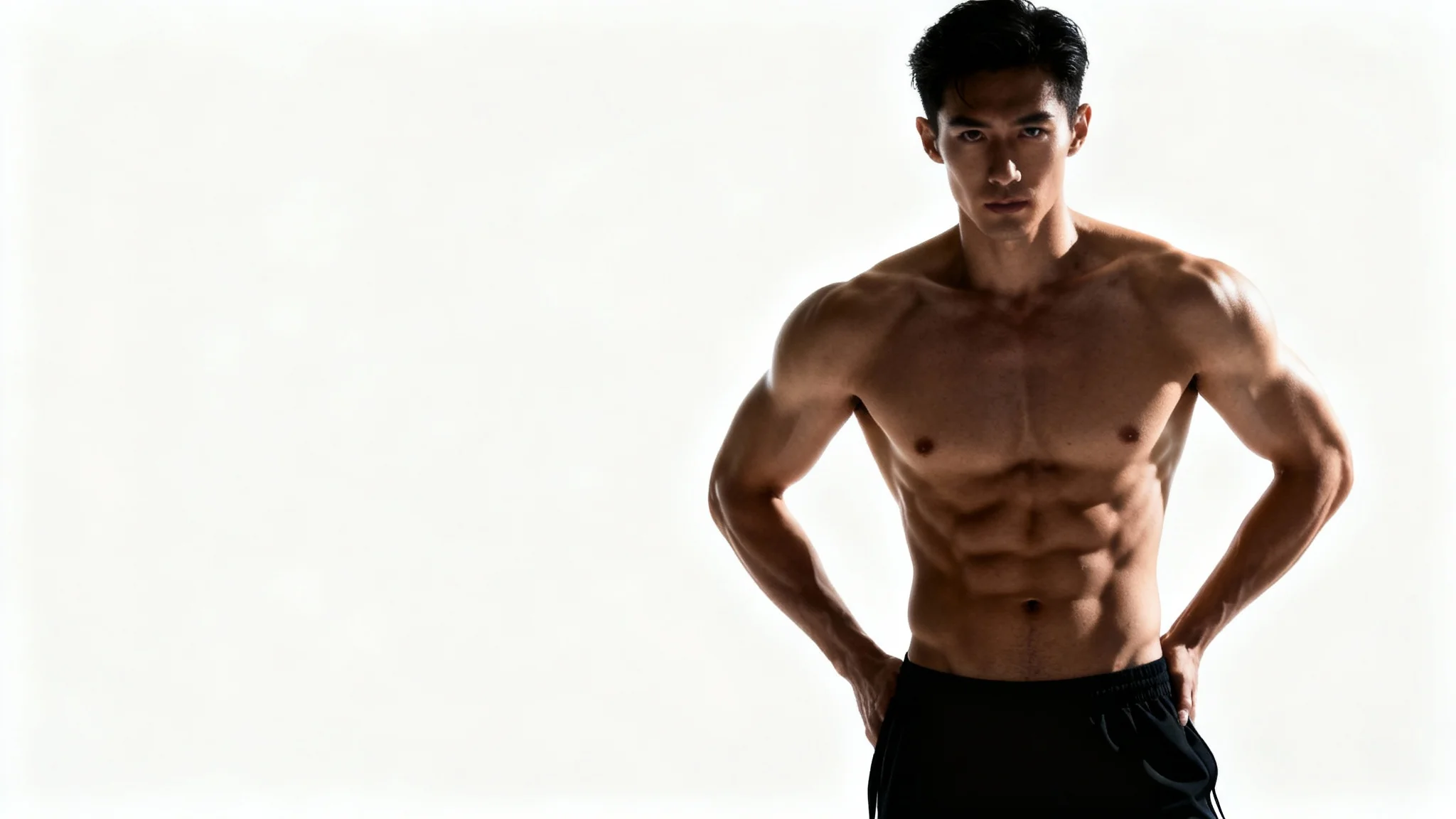 A studio photograph of a muscular and toned man posing shirtless against a plain white background, showcasing an idealized physique.