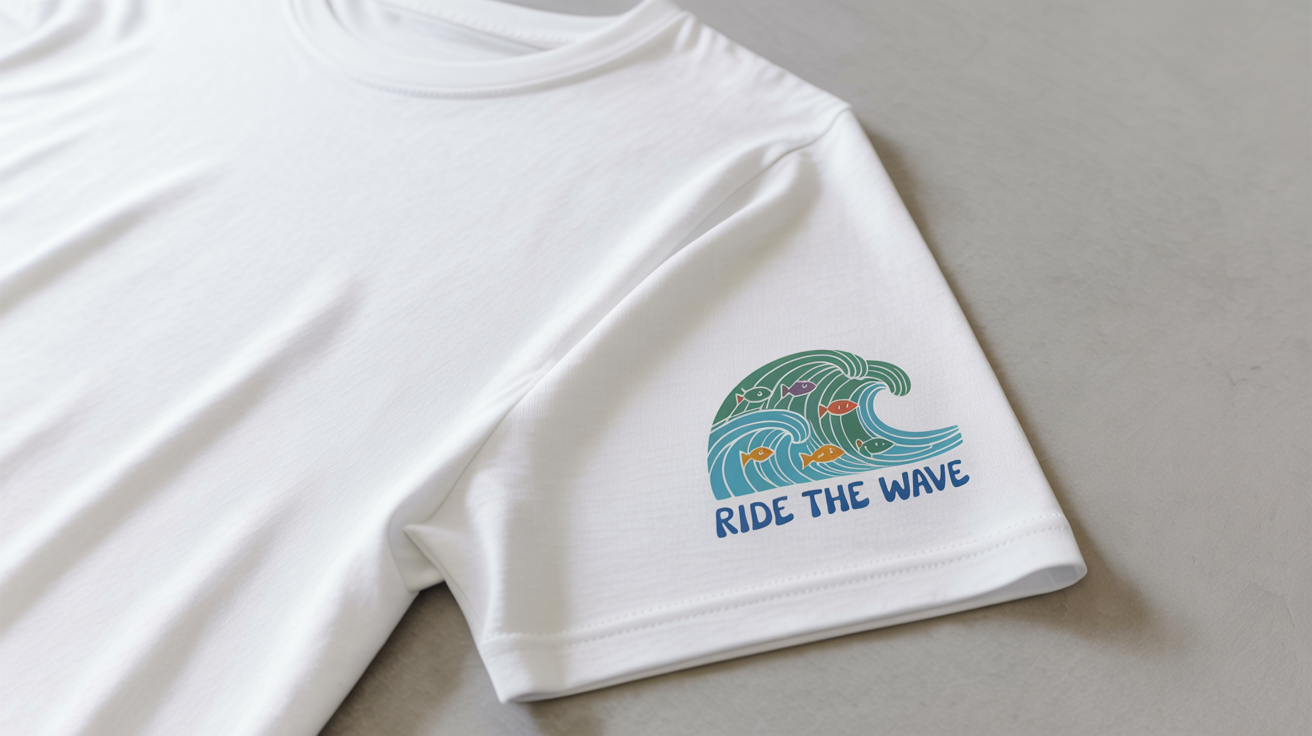 A close-up product shot of a white t-shirt sleeve with a custom print design. The design shows blue and green waves with colorful fish, and the text 'RIDE THE WAVE' is printed in dark blue at the top.