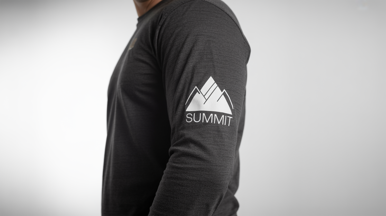 A close-up product photo of a charcoal long-sleeve shirt, showcasing a white print on the sleeve that features a mountain peak and the word 'SUMMIT'.