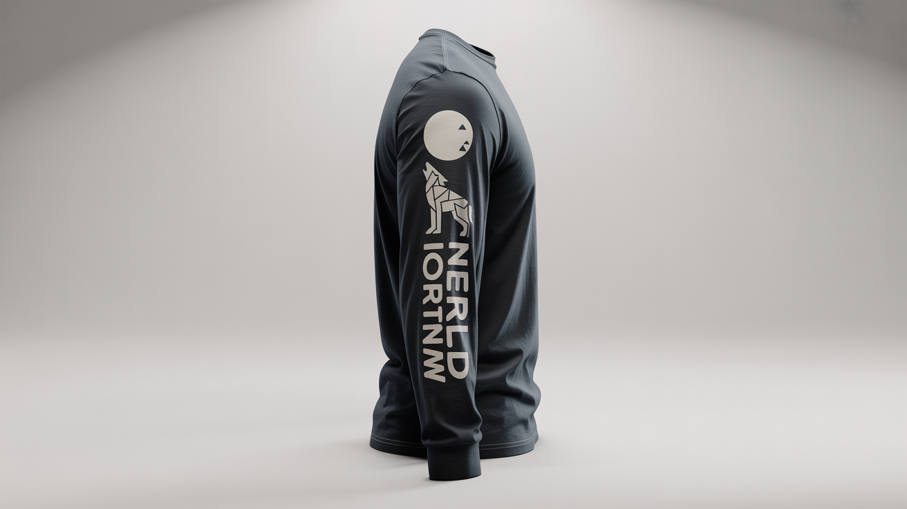 A close-up mockup of a charcoal gray long-sleeve shirt, highlighting a print on the sleeve featuring a geometric wolf and the text 'NORTHERN WILD', set against a white background.