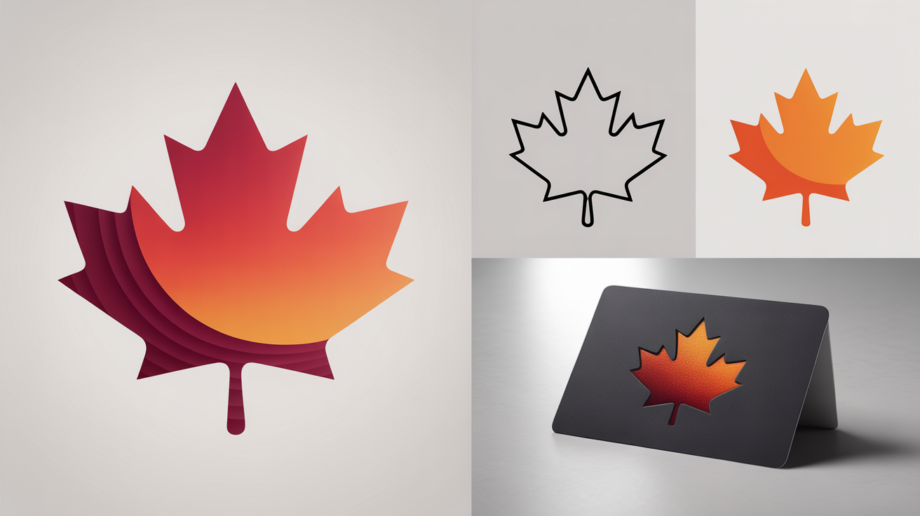 A professional portfolio showcase of a maple leaf icon. A large, central icon has a red-orange gradient, and smaller variations in outline, solid color, and on a business card are shown beside it on a clean background.
