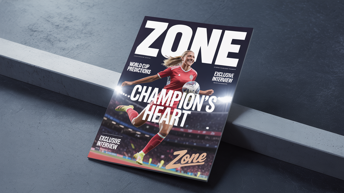 A mockup of a modern sports magazine cover titled 'ZONE', featuring a dynamic photo of a female soccer player celebrating, with professional headlines and a clean layout.