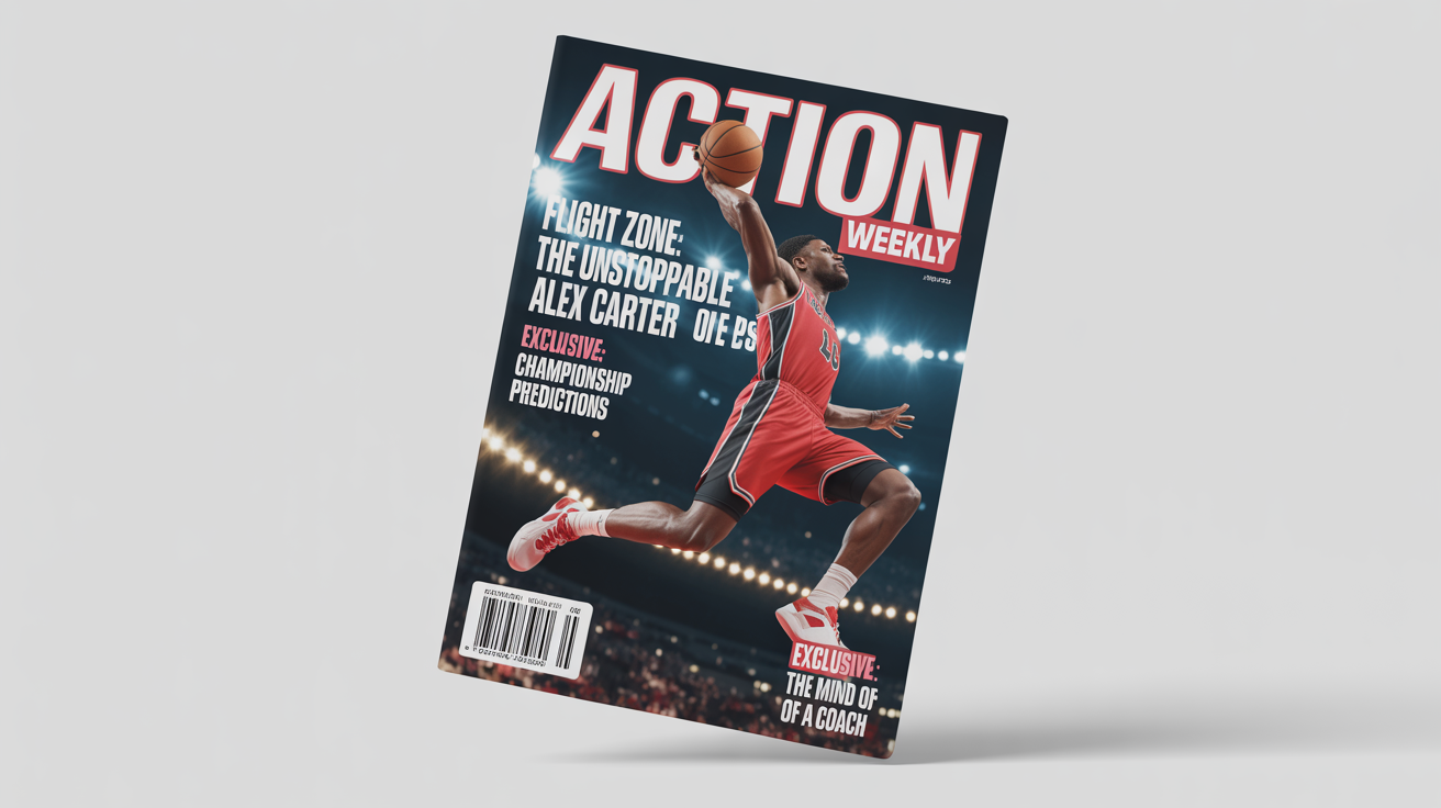 A mockup of a sports magazine cover titled 'ACTION WEEKLY', featuring a dynamic photo of a basketball player dunking, displayed on a white background.