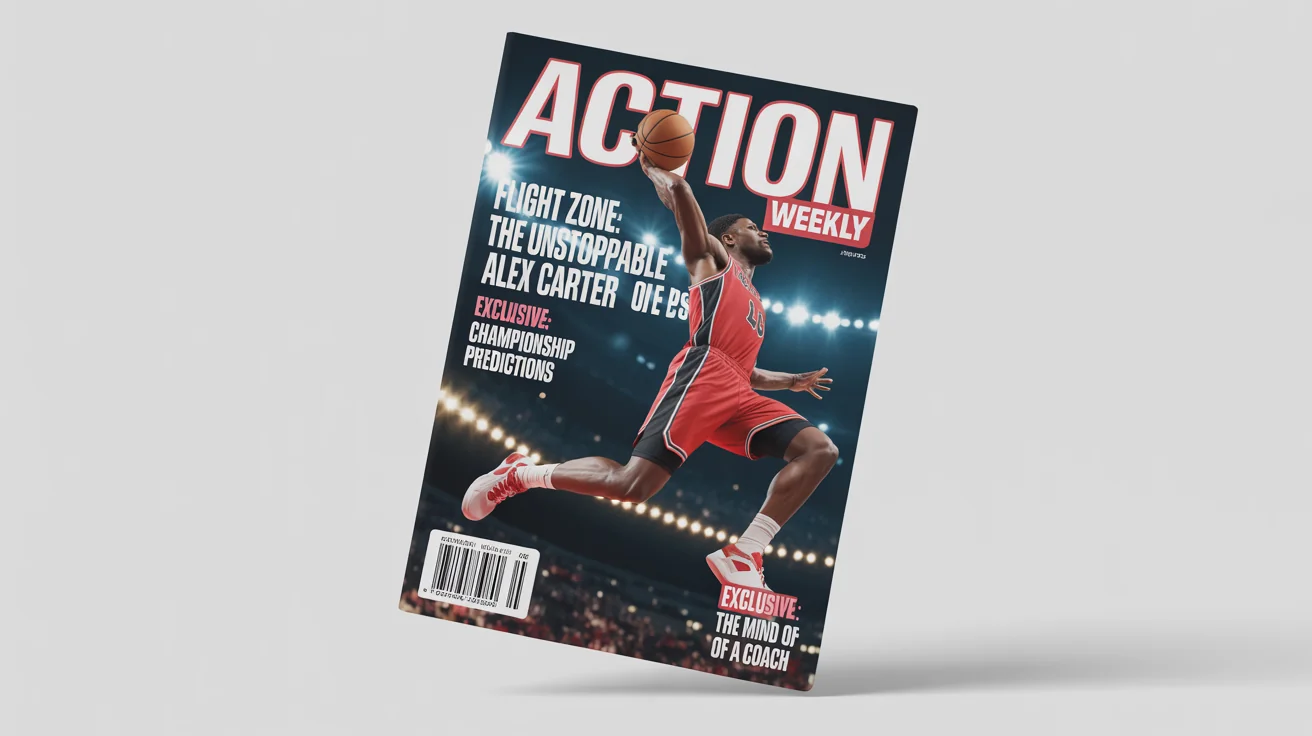 A mockup of a sports magazine cover titled 'ACTION WEEKLY', featuring a dynamic photo of a basketball player dunking, displayed on a white background.