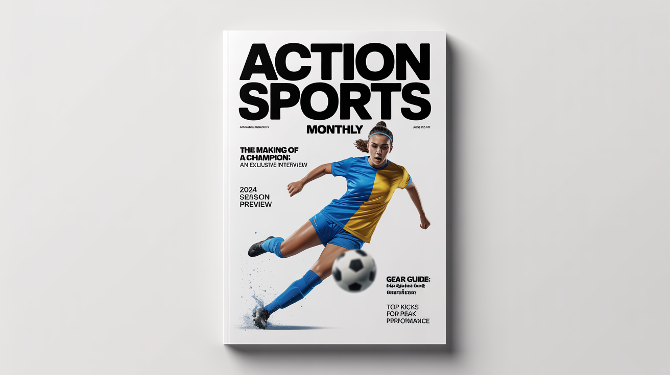 A mockup of a sports magazine cover titled 'ACTION SPORTS MONTHLY', featuring a female soccer player kicking a ball, displayed against a plain white background.