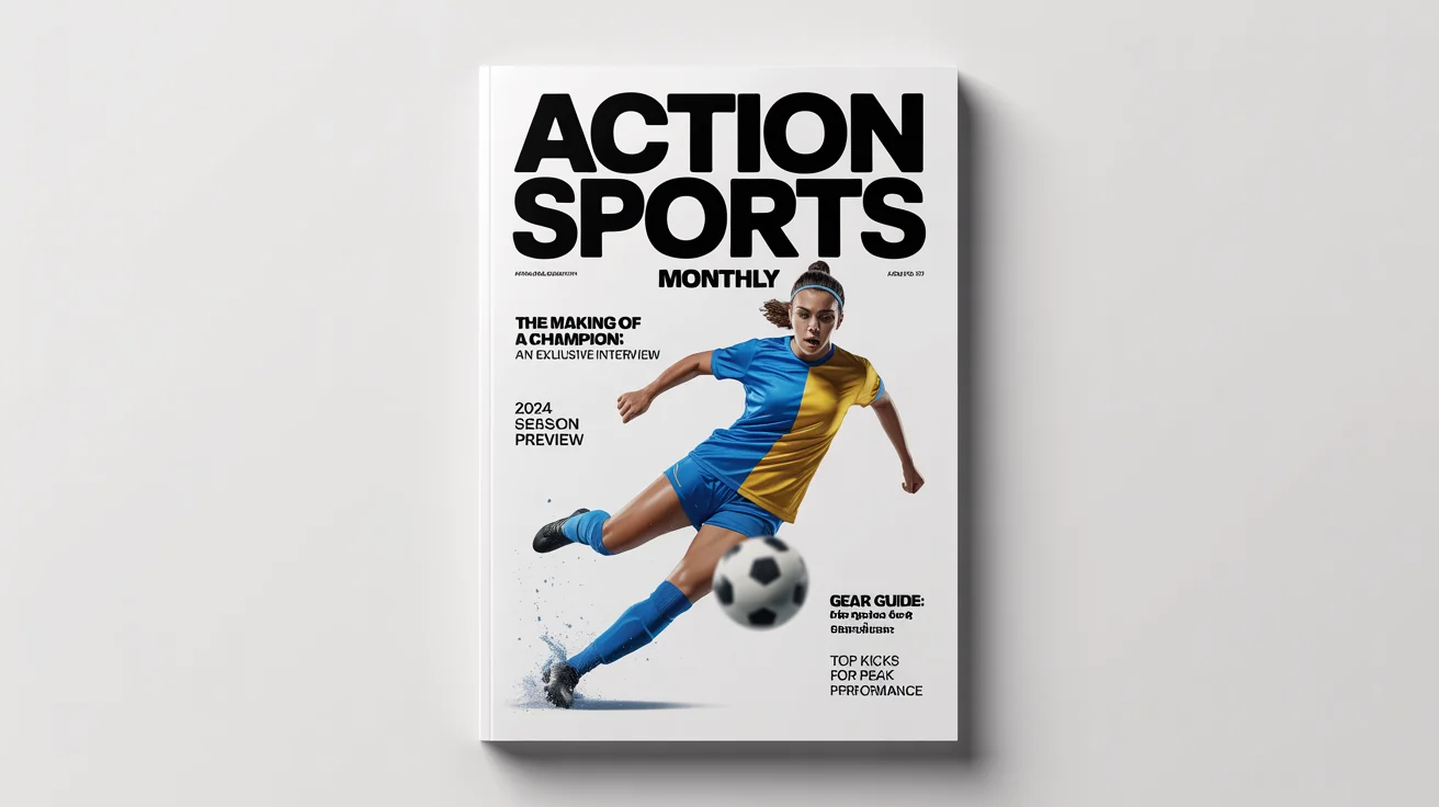 A mockup of a sports magazine cover titled 'ACTION SPORTS MONTHLY', featuring a female soccer player kicking a ball, displayed against a plain white background.