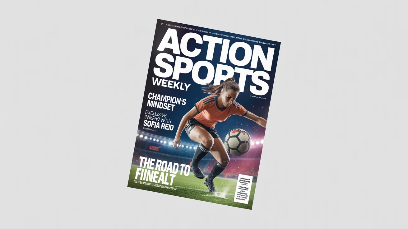 A professional mockup of a sports magazine cover for 'ACTION SPORTS WEEKLY', featuring a female soccer player mid-kick. The magazine is displayed on a clean white background.