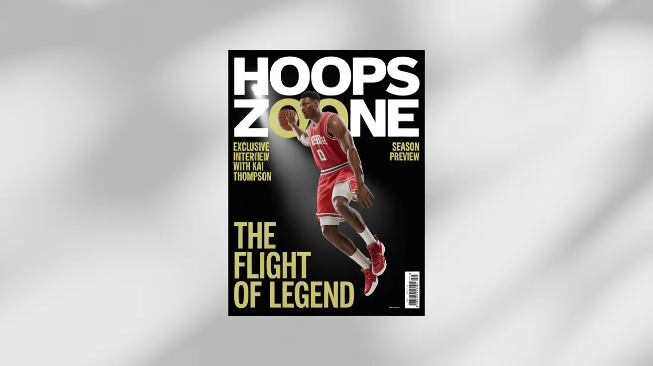A mockup of a sports magazine cover for 'HOOPS ZONE', featuring a dynamic photo of a basketball player dunking, set against a clean white background.
