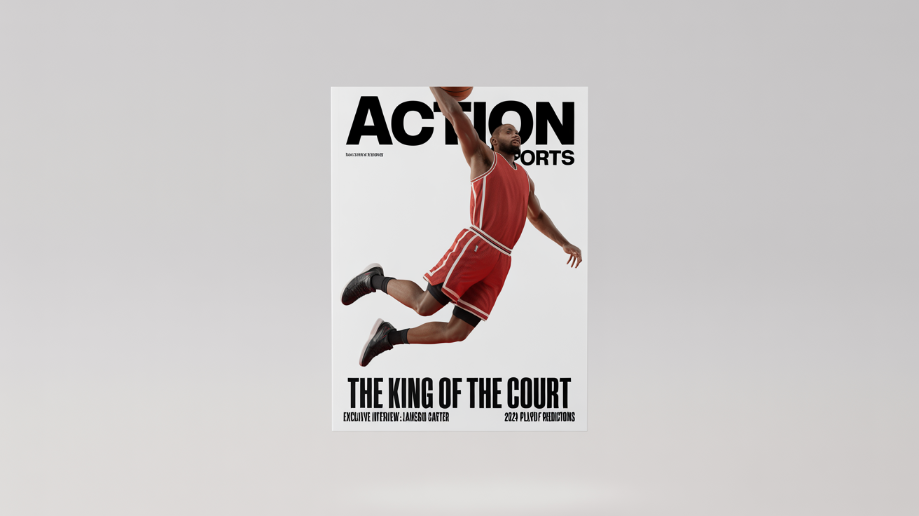A mockup of a sports magazine cover titled 'ACTION SPORTS', featuring a basketball player mid-dunk against a clean white background.