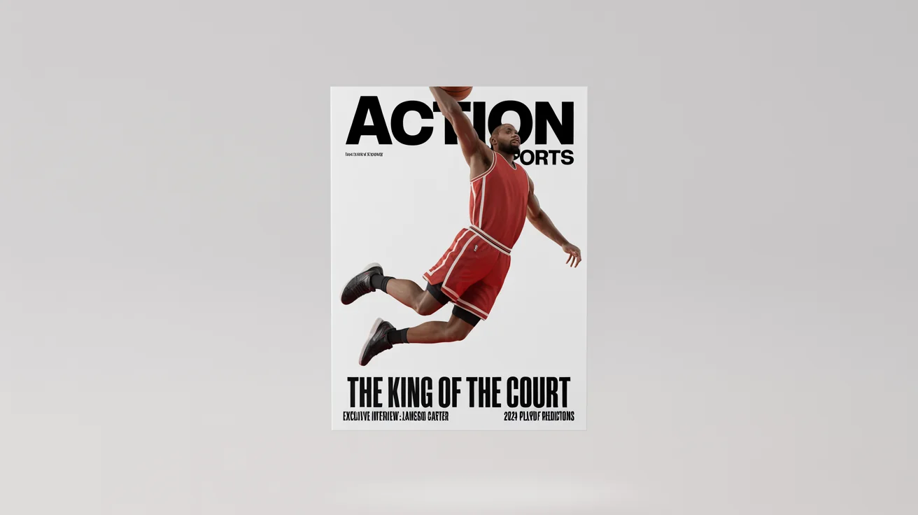 A mockup of a sports magazine cover titled 'ACTION SPORTS', featuring a basketball player mid-dunk against a clean white background.
