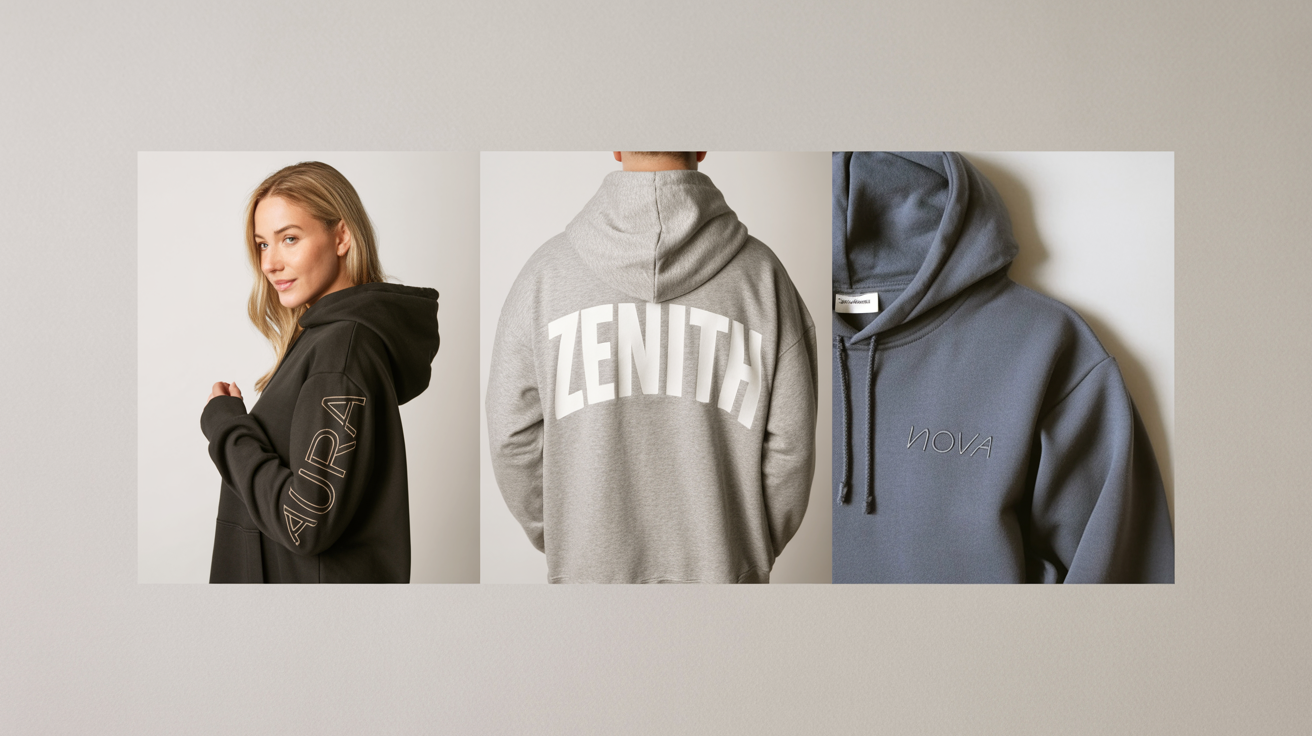 A professional triptych showcasing three different logo placements on hoodies: a logo embroidered on the sleeve of a black hoodie, a large logo printed on the back of a gray hoodie, and a small logo embroidered on the chest of a navy hoodie.