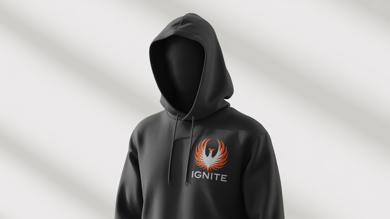 A professional product mockup of a black hoodie on a ghost mannequin, showcasing a custom-printed 'IGNITE' logo with a phoenix design on the left chest, set against a white background.
