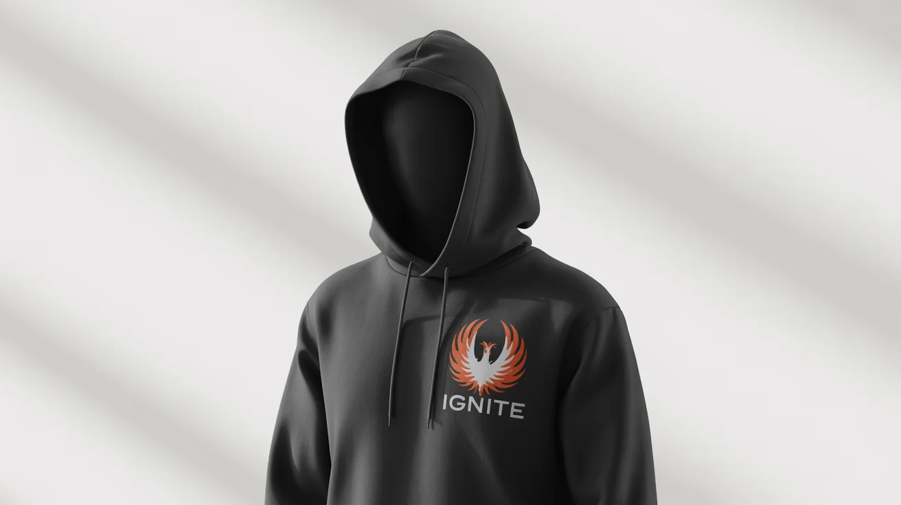 A professional product mockup of a black hoodie on a ghost mannequin, showcasing a custom-printed 'IGNITE' logo with a phoenix design on the left chest, set against a white background.