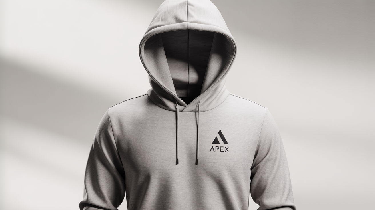 A flat lay mockup of a heather grey hoodie on a white background, demonstrating logo placement with a sample 'APEX' logo on the left chest.