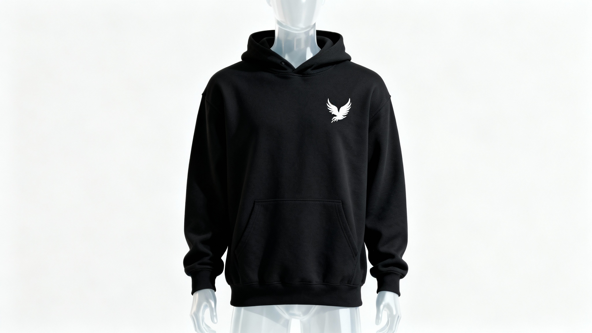 A photorealistic mockup of a black hoodie on a ghost mannequin, showcasing a white phoenix logo embroidered on the left chest to illustrate logo placement.