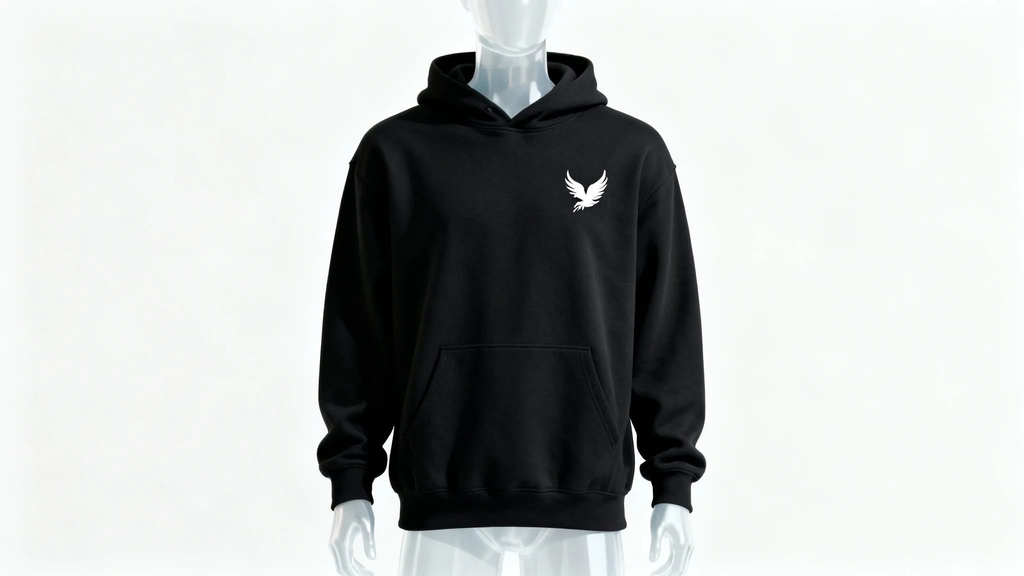 A photorealistic mockup of a black hoodie on a ghost mannequin, showcasing a white phoenix logo embroidered on the left chest to illustrate logo placement.
