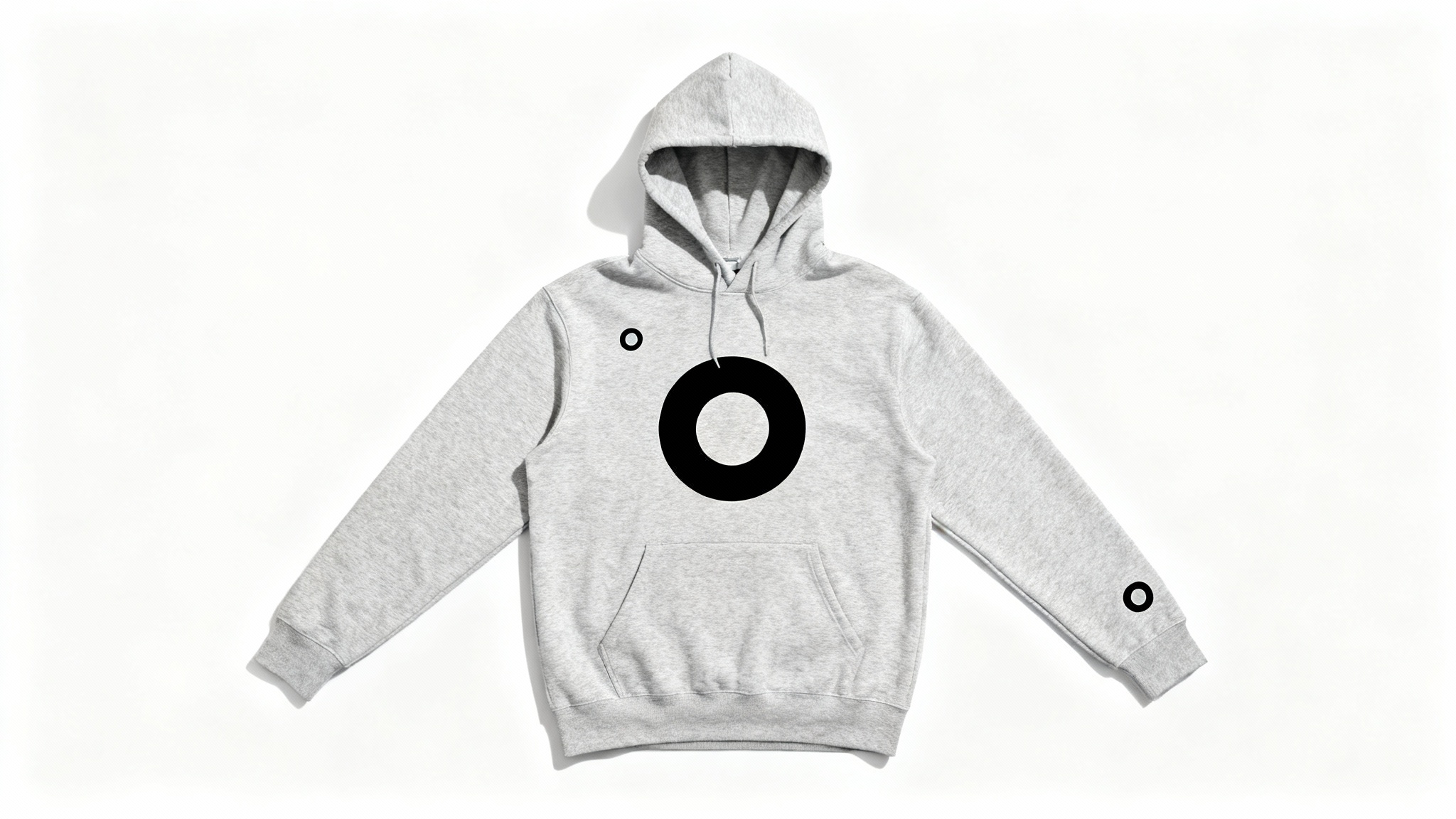 A flat lay of a heather gray hoodie on a white background, demonstrating three different placements for a black circular logo: left chest, center chest, and left sleeve.