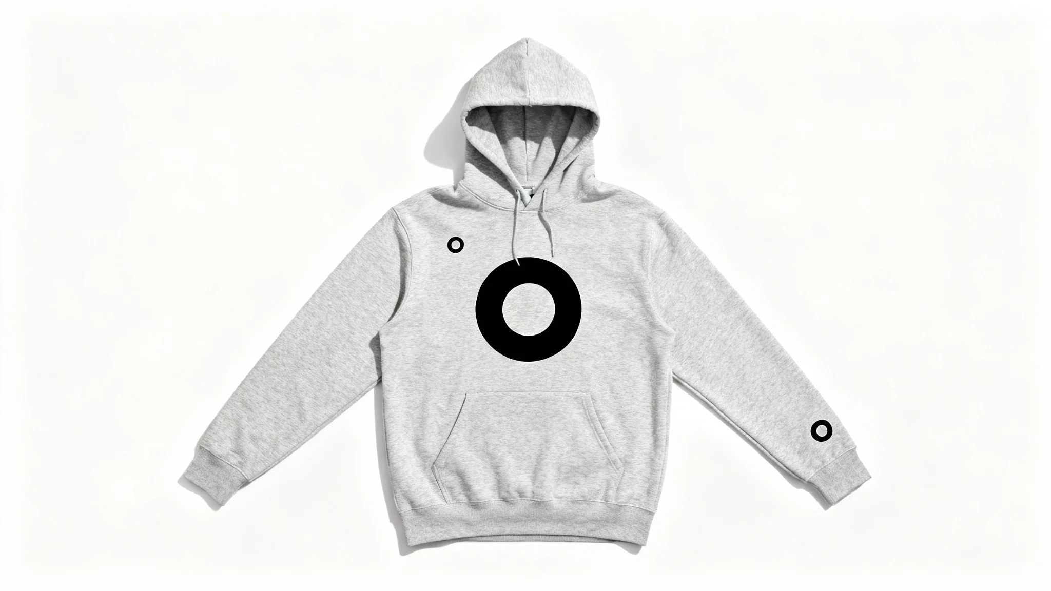 A flat lay of a heather gray hoodie on a white background, demonstrating three different placements for a black circular logo: left chest, center chest, and left sleeve.