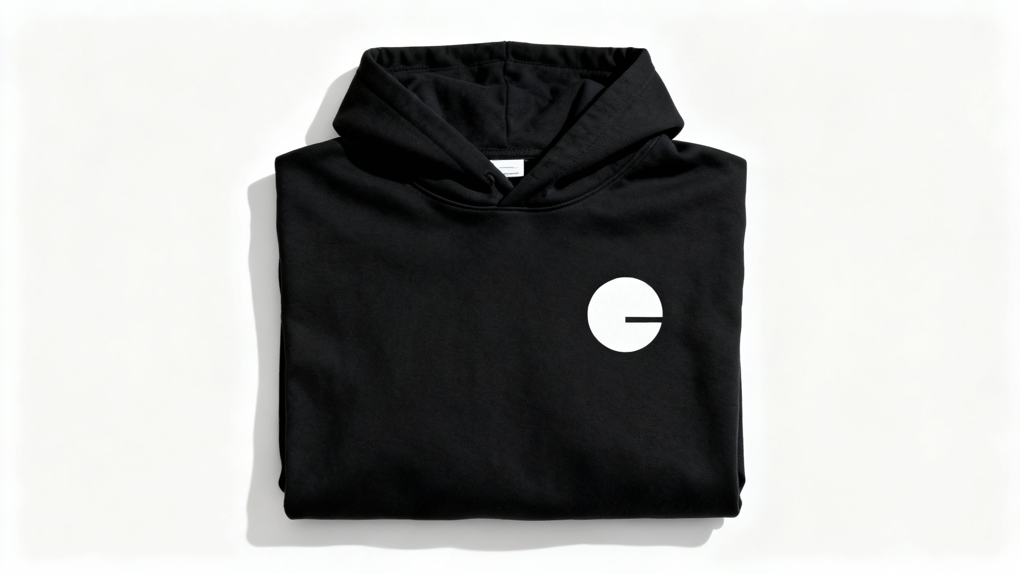 A flat-lay product mockup of a neatly folded black hoodie on a white background, showing a clean, white circular logo printed on the center of the chest to illustrate logo placement.