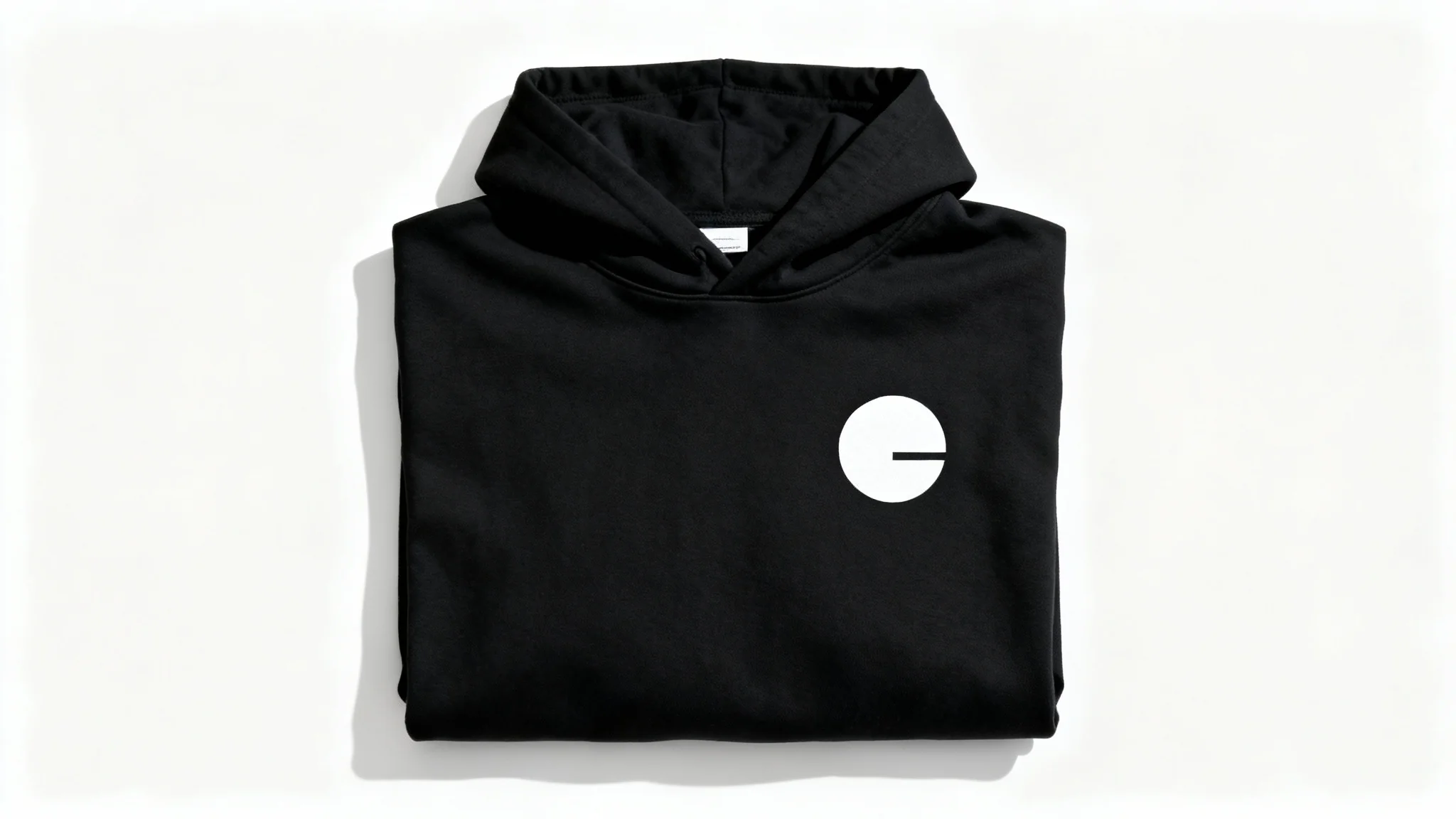 A flat-lay product mockup of a neatly folded black hoodie on a white background, showing a clean, white circular logo printed on the center of the chest to illustrate logo placement.