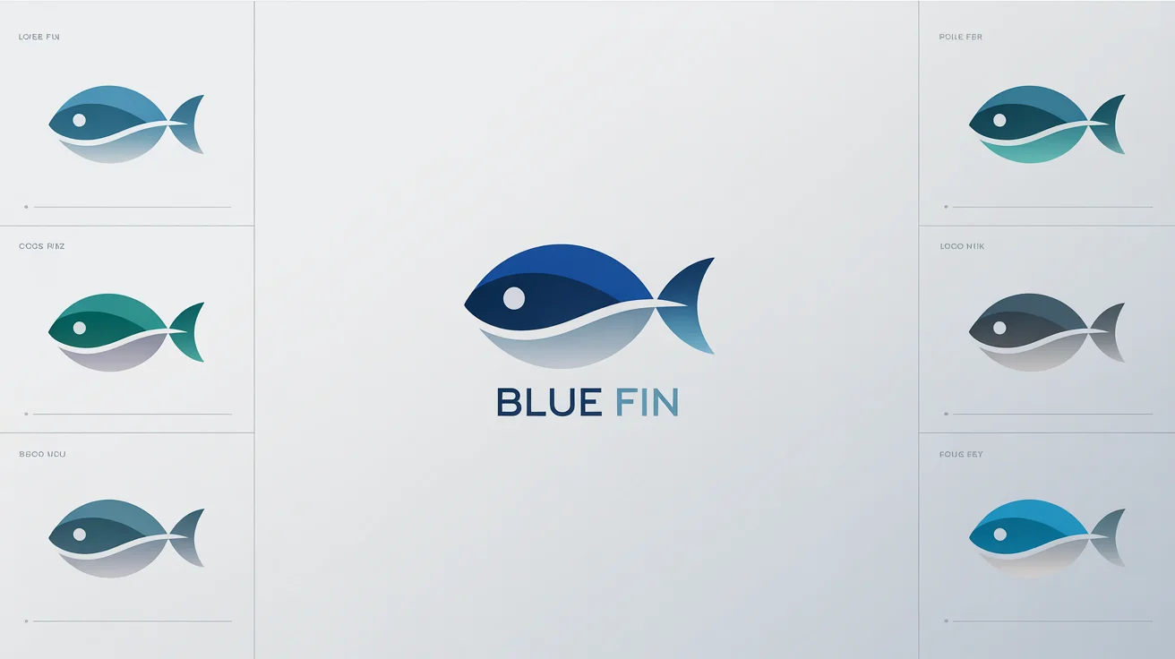 A showcase of professionally designed fish logos in a minimalist style, with one prominent logo for 'Blue Fin' at the center, all on a clean white background.