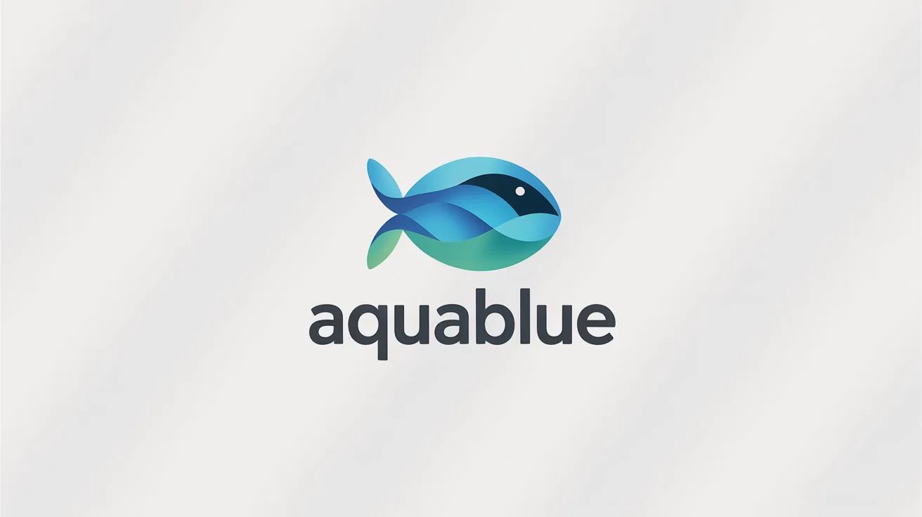 A modern and minimalist logo featuring a stylized fish in a blue and turquoise gradient, with the fictional brand name 'AquaBlue' underneath, displayed on a clean white background.