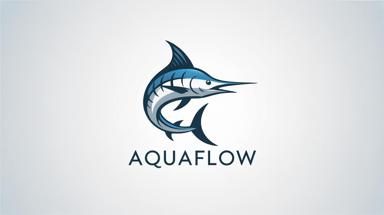 A modern, minimalist logo of a stylized fish in shades of blue and silver. The fictional brand name 'AquaFlow' is displayed underneath. The logo is set against a clean white background.