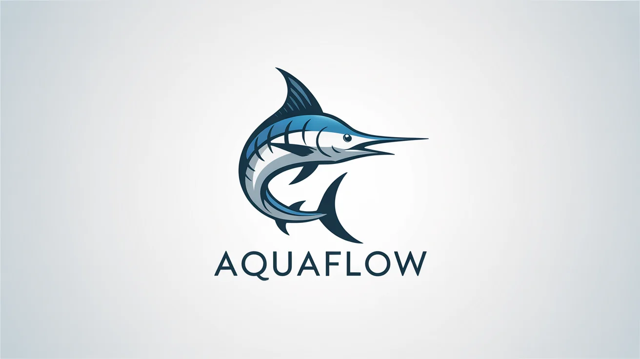 A modern, minimalist logo of a stylized fish in shades of blue and silver. The fictional brand name 'AquaFlow' is displayed underneath. The logo is set against a clean white background.