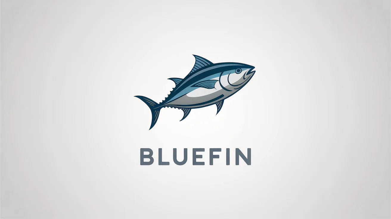 A modern, minimalist fish logo for a fictional brand called 'Bluefin', featuring a stylized blue and silver fish icon above the text, all on a white background.
