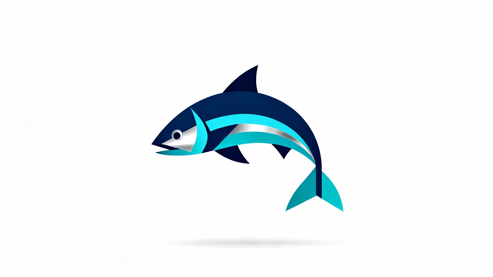 A modern, minimalist fish logo in navy blue and turquoise, designed with clean geometric lines, presented on a solid white background.