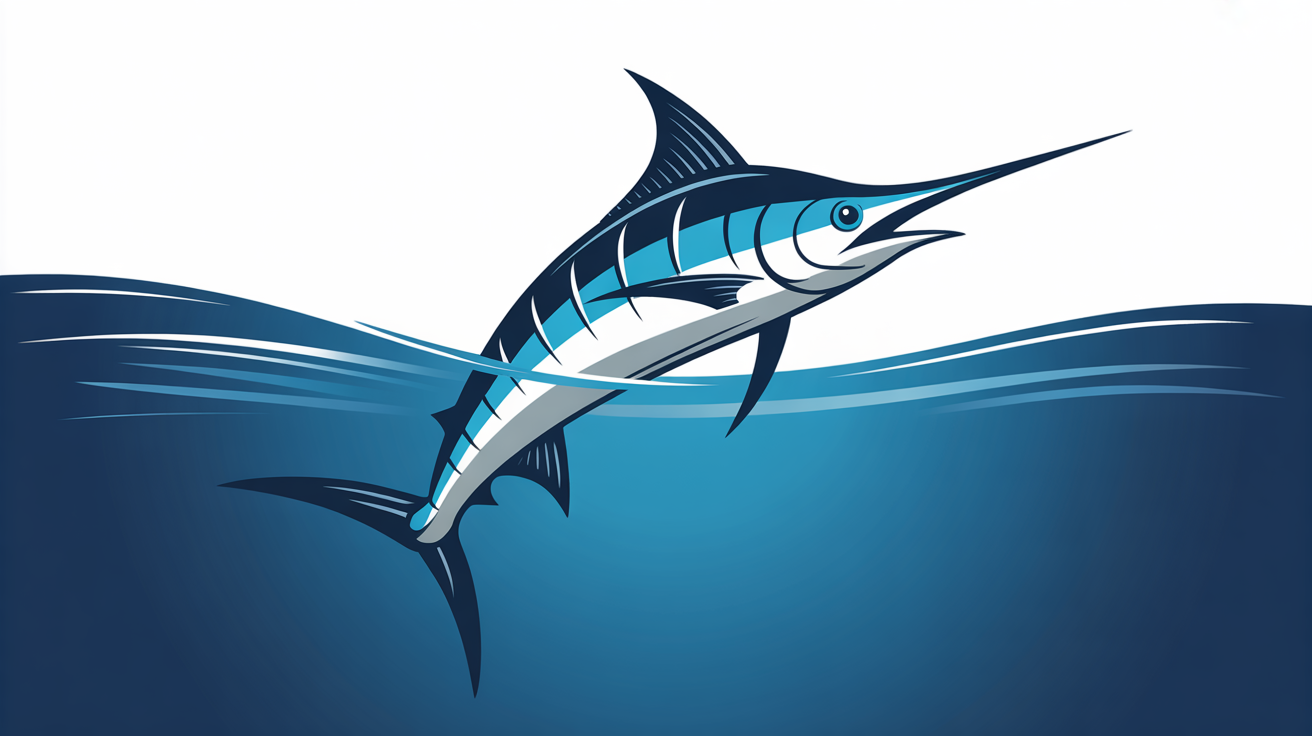 A modern, minimalist fish logo in navy blue, silver, and cyan, designed with clean geometric lines, centered on a plain white background.