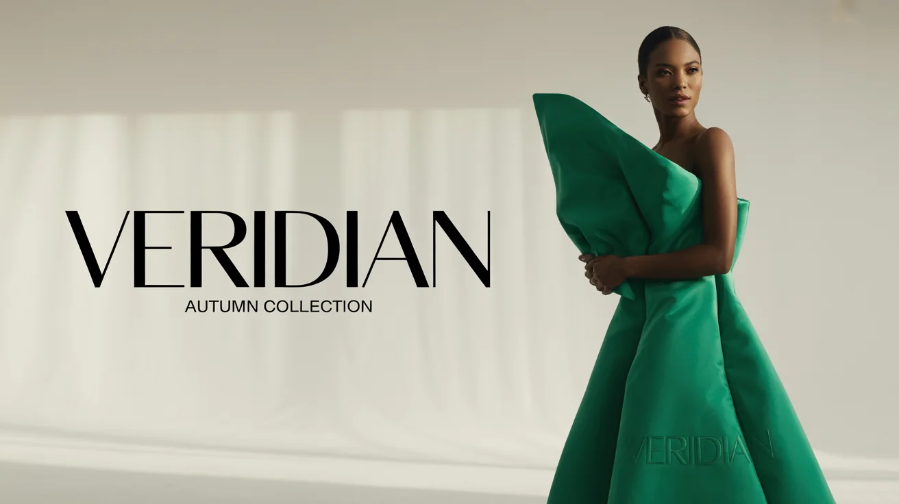 A professionally designed 16:9 fashion poster showing a model in a striking emerald green gown. The poster has clean, modern text that reads 'VERIDIAN' and 'Autumn Collection'.