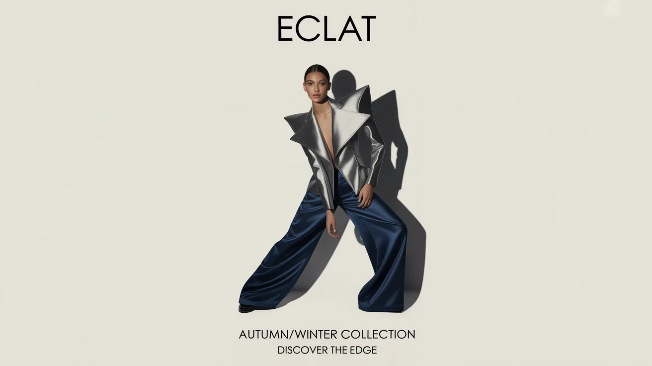 A sophisticated fashion poster featuring a model in a futuristic silver jacket and navy trousers against a plain background. The poster includes the brand name 'ECLAT' and text 'Autumn/Winter Collection'.